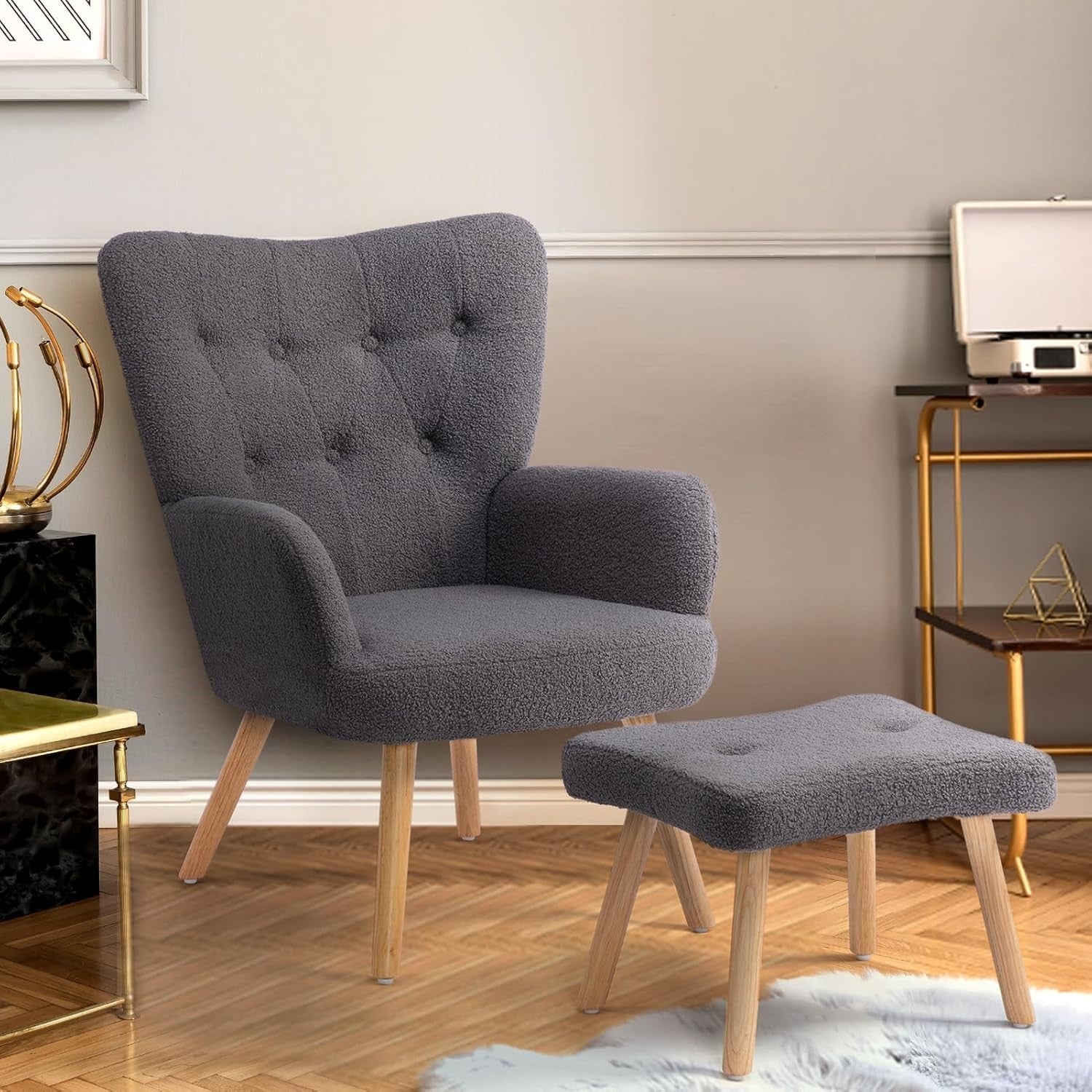 Grey Velvet Armchair with Footstool, Comfy Reading Lounge Chair Set