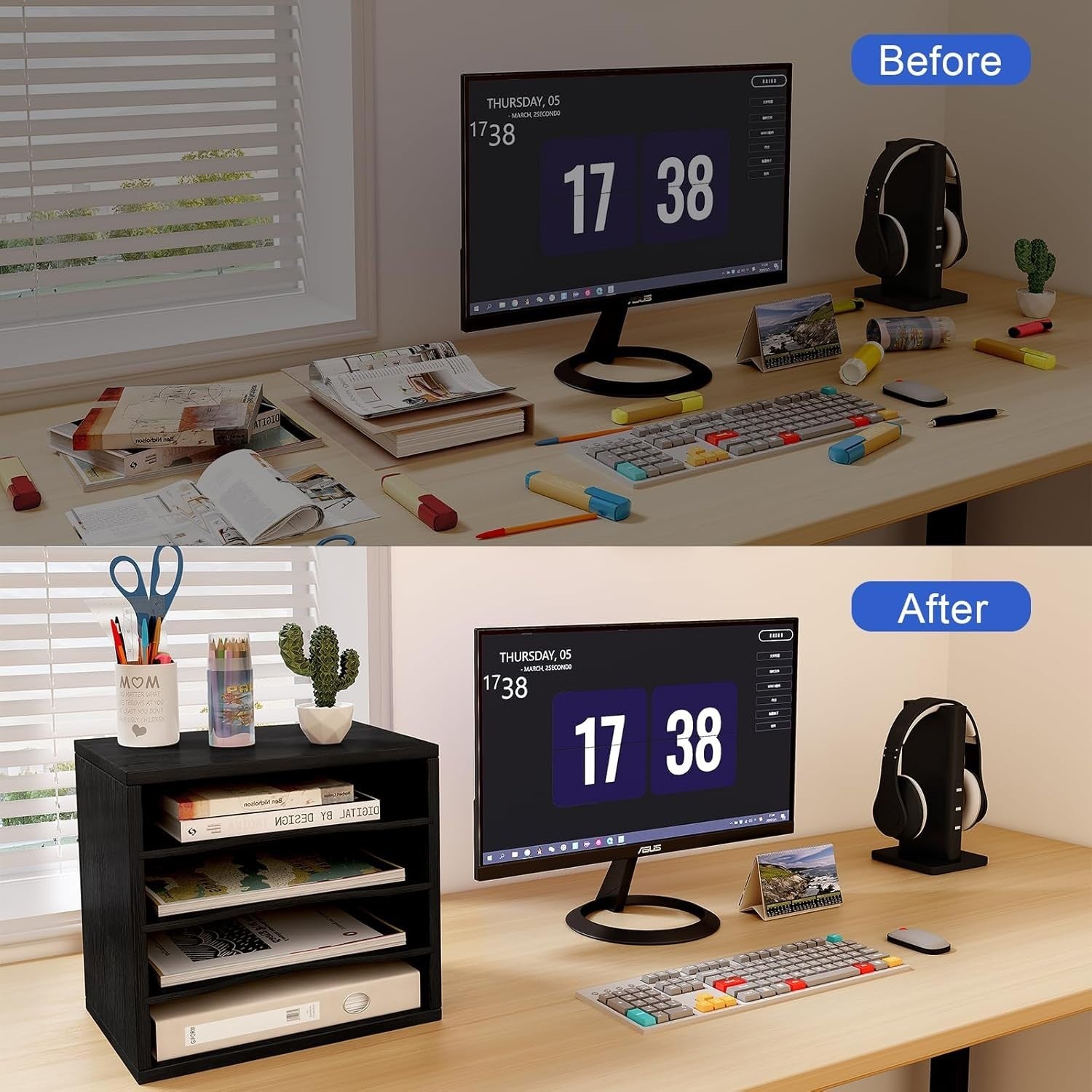 4 Tier A4 Desk File Organizer Wooden Paper Tray Office Magazine Rack Black