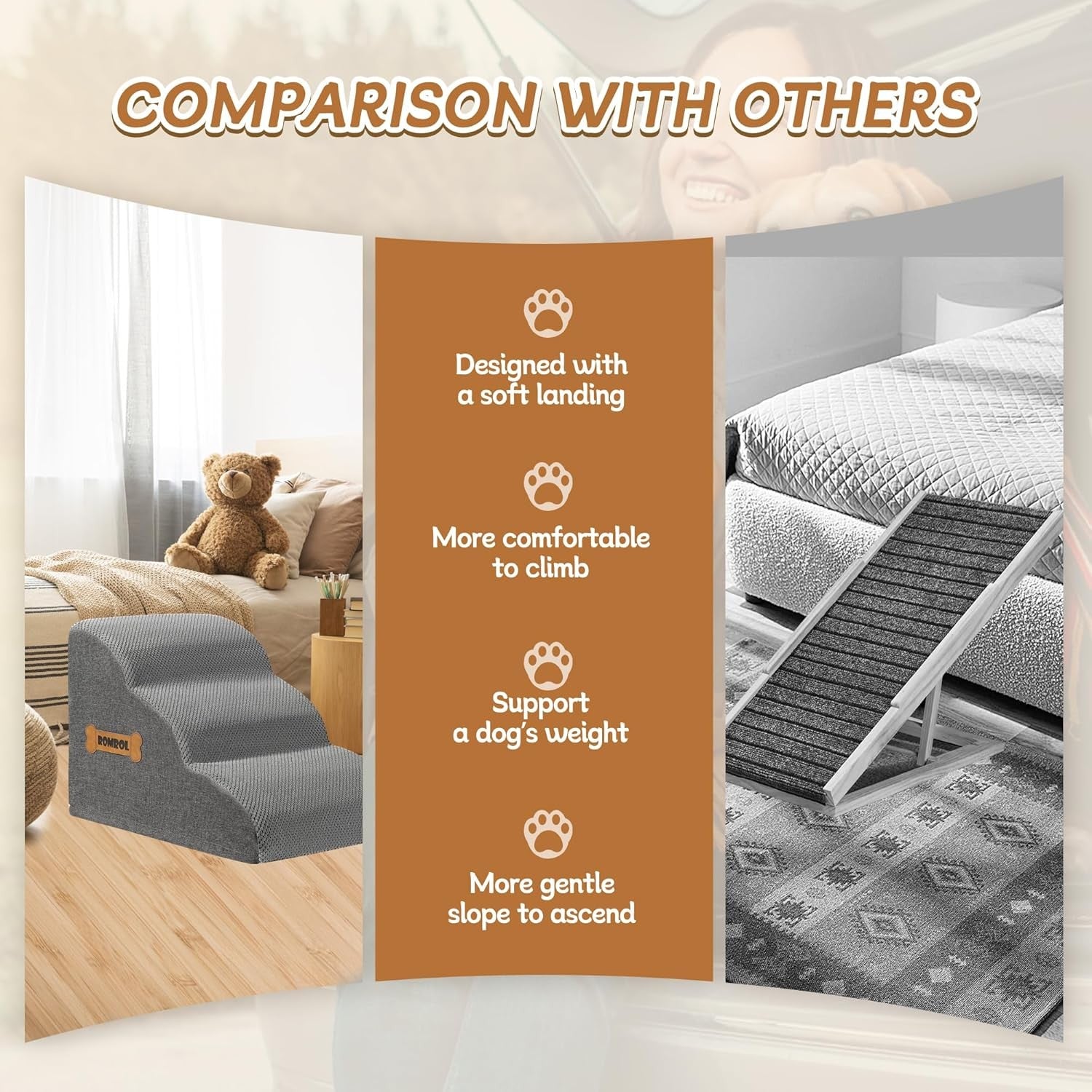 3 Step Dog Stairs Non Slip Pet Ramp for Bed Sofa Washable Grey