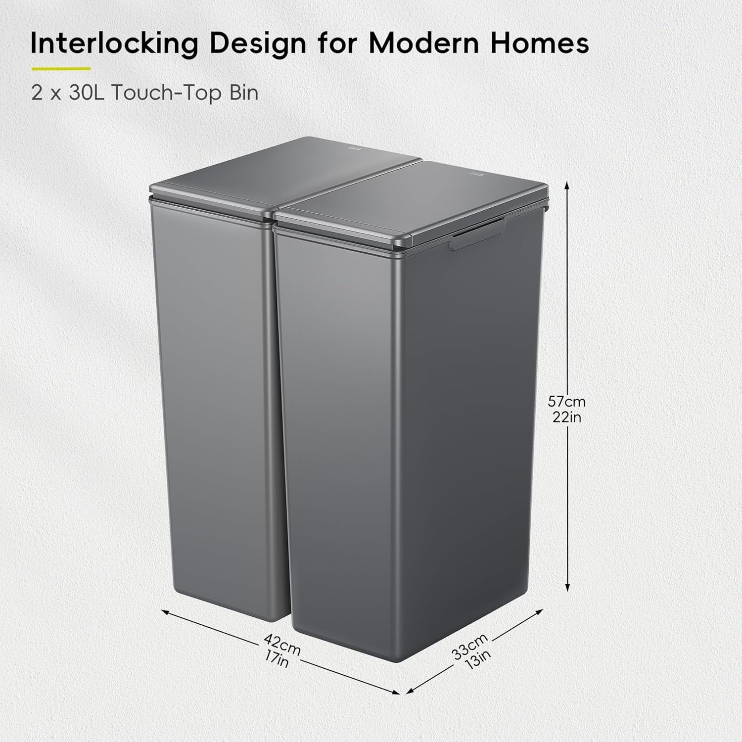 60L Double Kitchen Recycling Bin 2x30L Touch Lid Slim Grey Set