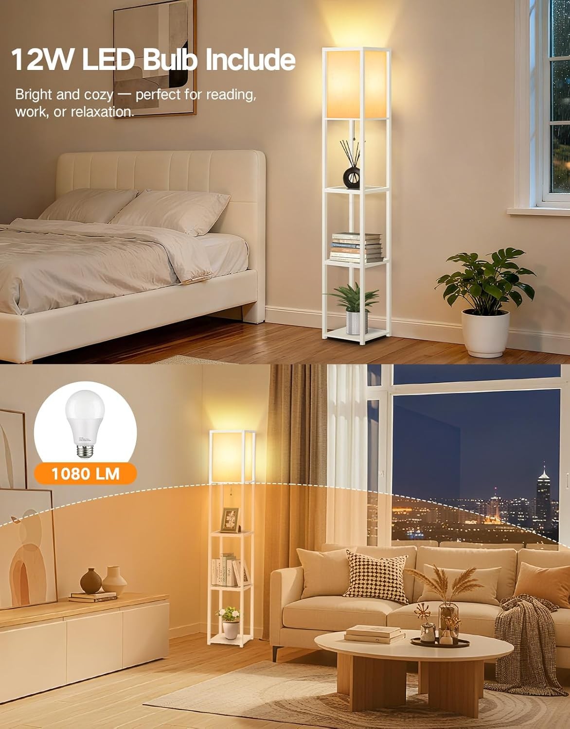 Floor Lamp with Shelves LED Adjustable Colour Standing Storage Light White