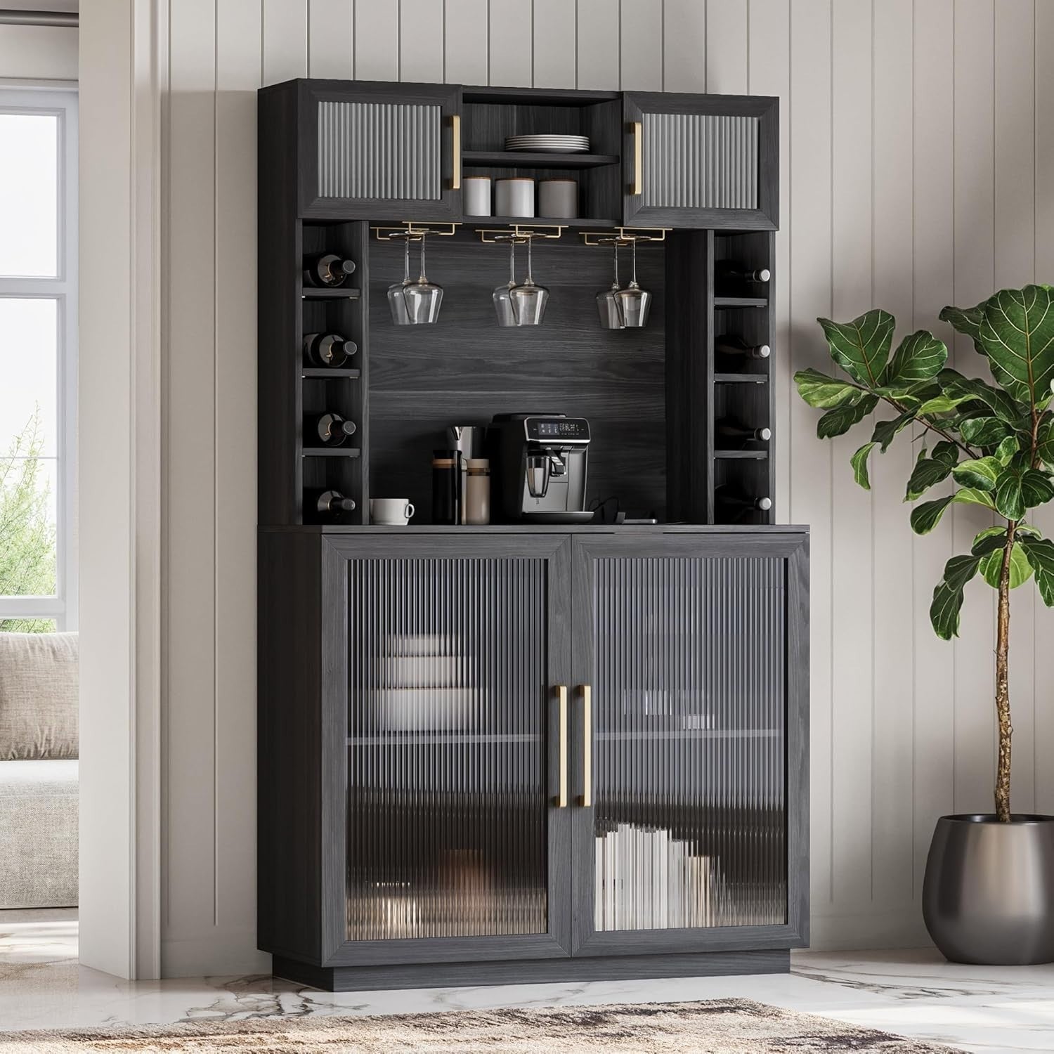 72" Wine Bar Cabinet with Hutch, Power Outlet, Storage Shelves & Glass Rack