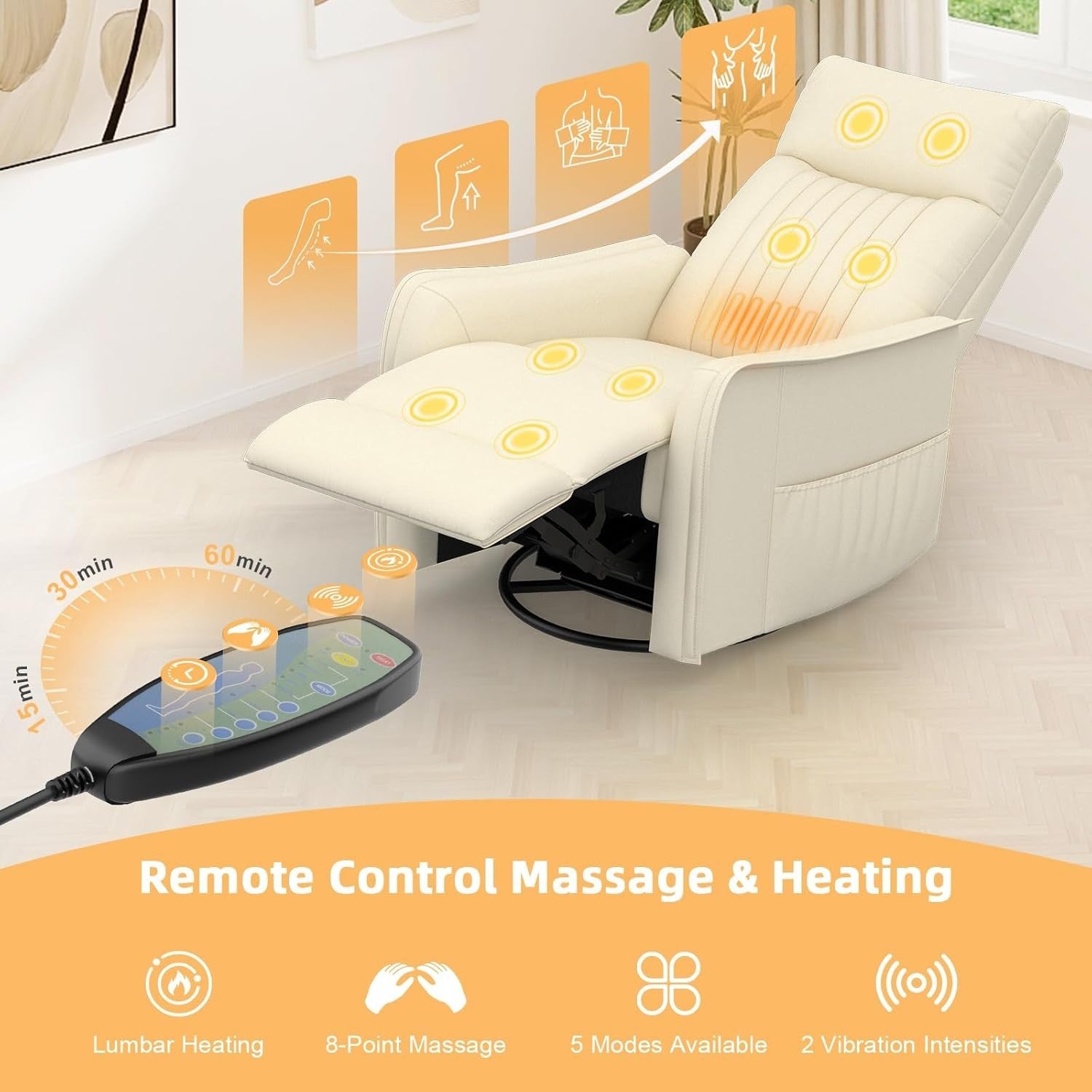 Swivel Rocking Recliner Chair Massage Heat 3-in-1 Footrest Dual Pockets Cream