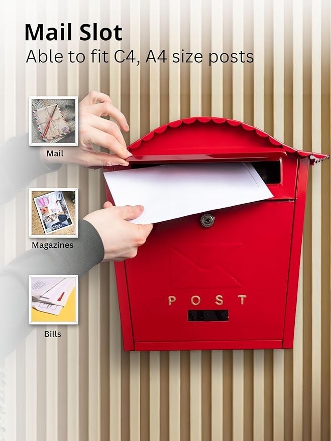 Lockable Wall Mounted Mailbox Cast Iron Waterproof Post Box Red Secure Outdoor