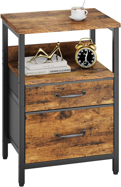 Rustic Brown Bedside Table with 2 Drawers & Open Shelf – Metal Frame Storage Uni