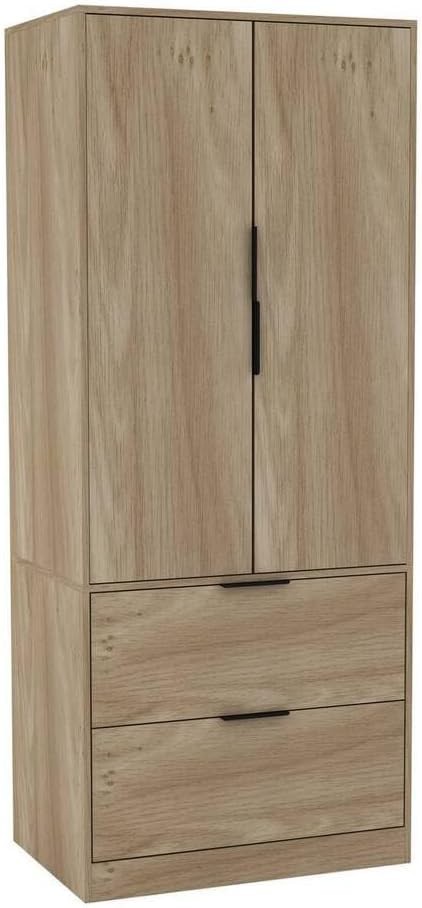 Tall Oak Bedroom Wardrobe 2 Door 2 Drawer Storage Hanging Rail Unit