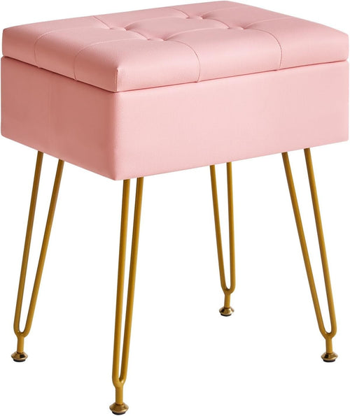 Pink PU Leather Vanity Stool with Storage & Flip Tabletop – Adjustable Legs