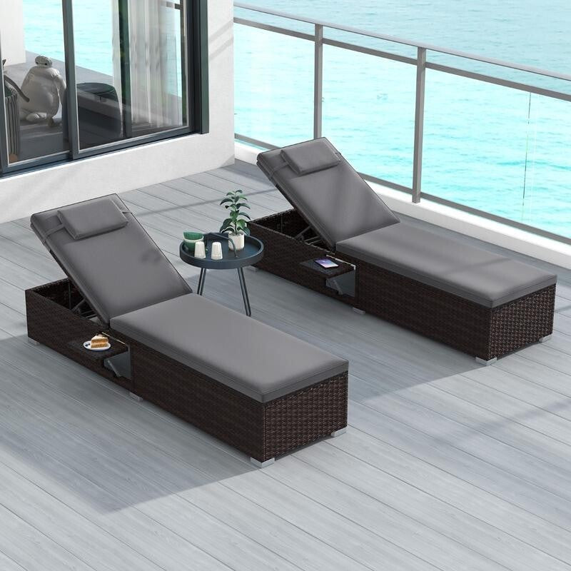 Outdoor Rattan Sun Lounger with Cushion & Table Recliner Chair 6-Position