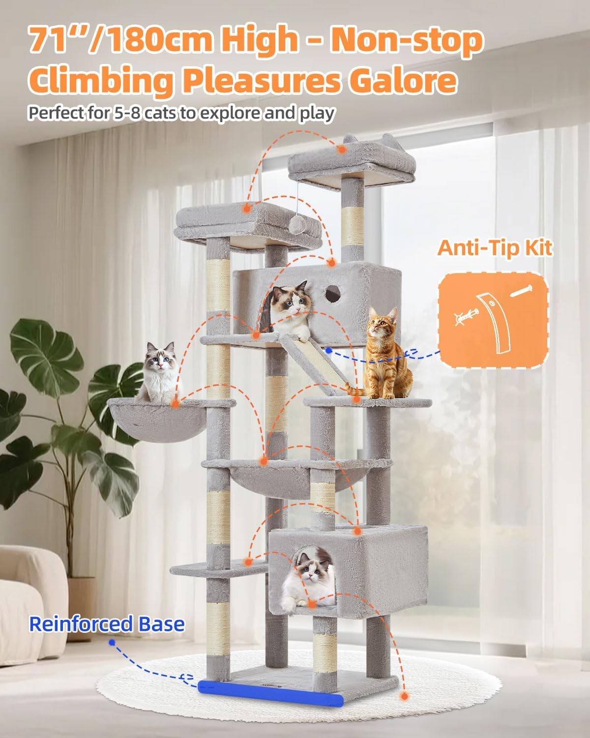 Extra Tall Cat Tree Tower 180cm Multi Level Scratching Posts Hammock Condo