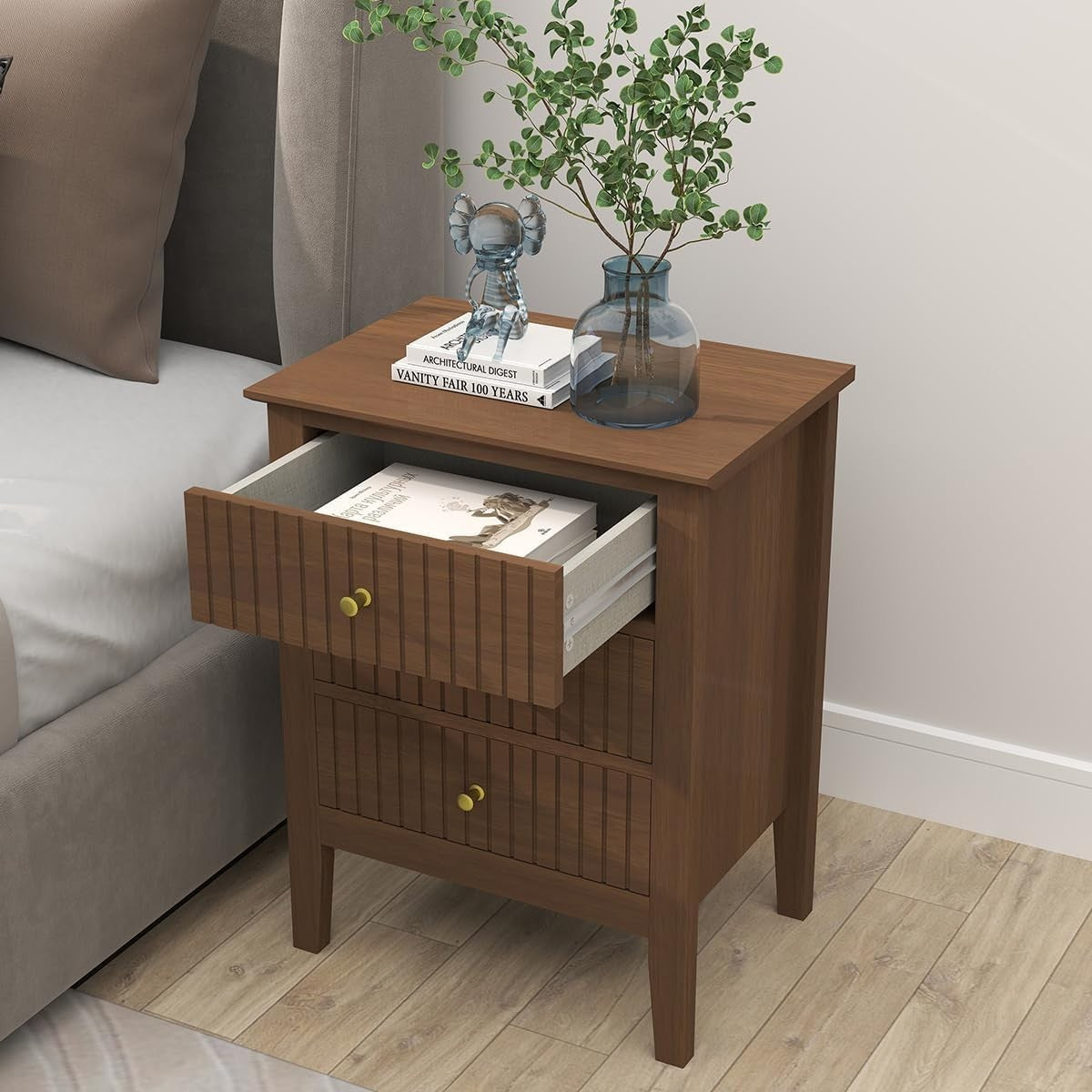 Pair of 3 Drawer Dark Wood Bedside Tables – Modern Bedroom Storage Units
