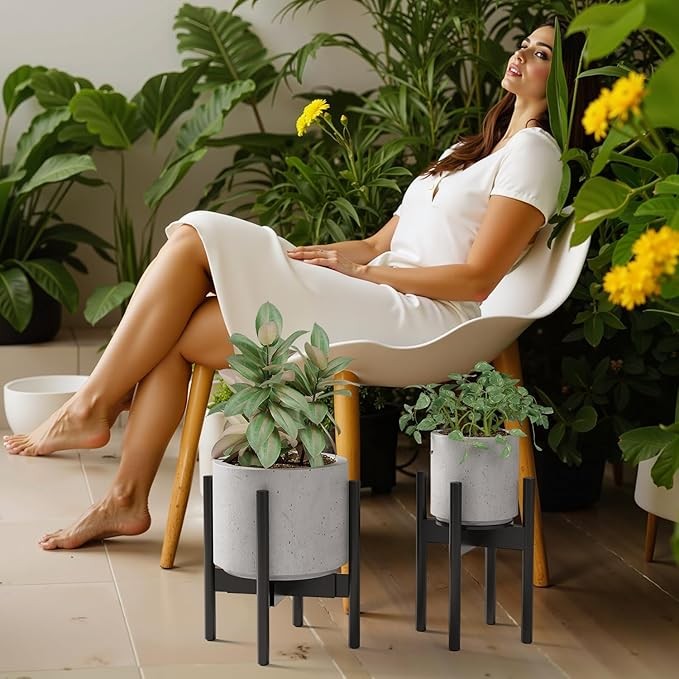 Adjustable Bamboo Plant Stand 2 Pack with Tray for Indoor Pots 20–30cm Black