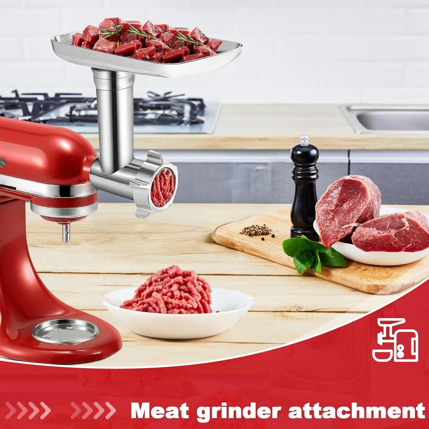 Stainless Steel Food Grinder Attachment 4 Plates 3 Sausage Tubes