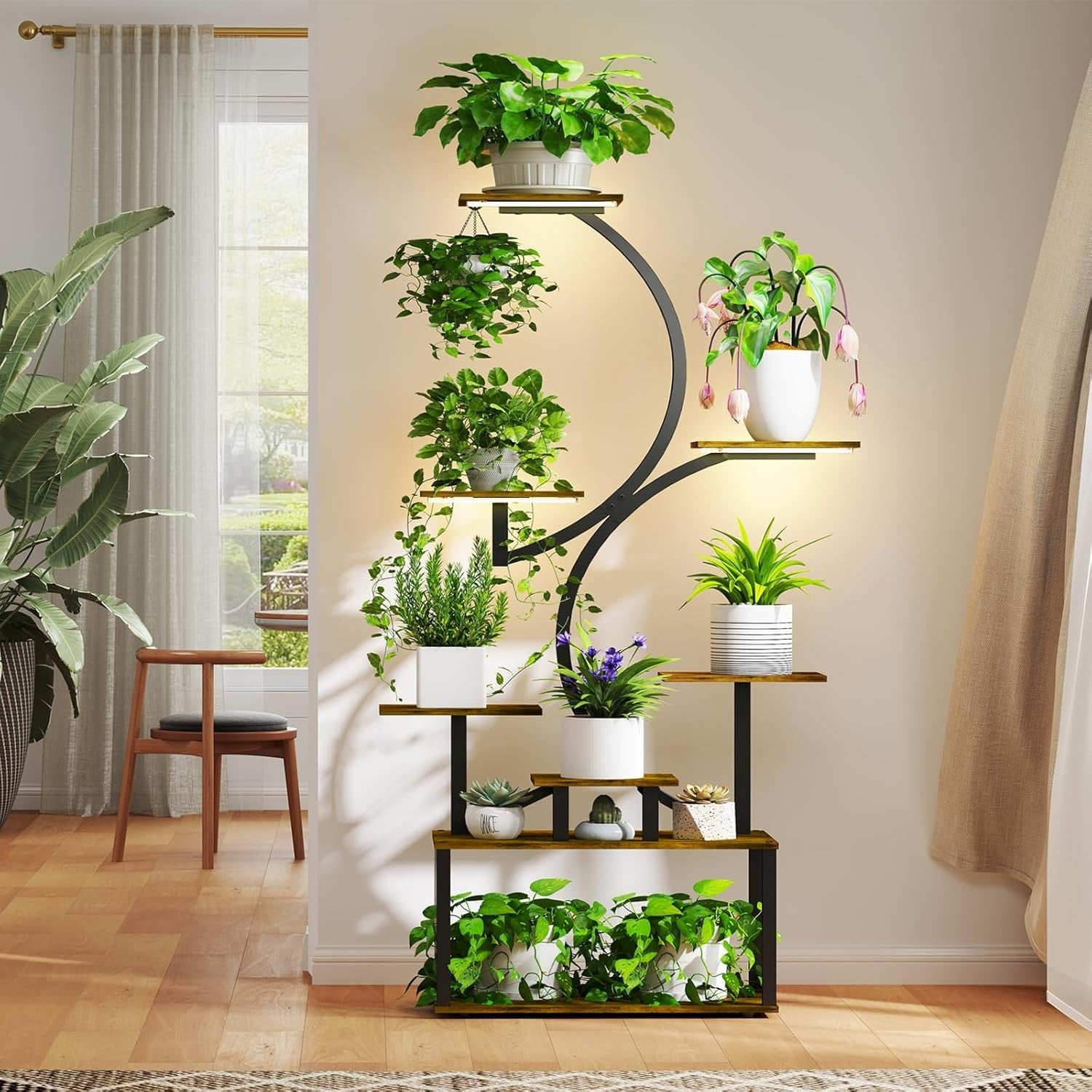 8-Tier S-Shaped Metal Plant Stand with LED Grow Lights | 158cm Tall Indoor Shelf