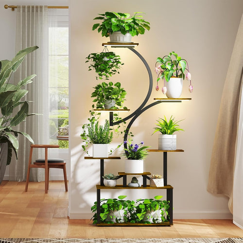 8-Tier S-Shaped Metal Plant Stand with LED Grow Lights | 158cm Tall Indoor Shelf
