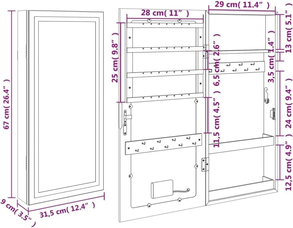 Compact LED Mirror Jewelry Cabinet Wall Mount Lockable Storage White