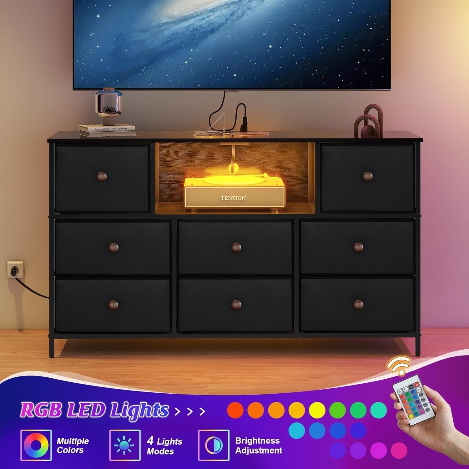 Wide 8-Drawer Chest Dresser TV Stand with LED Lights & USB Charging Ports