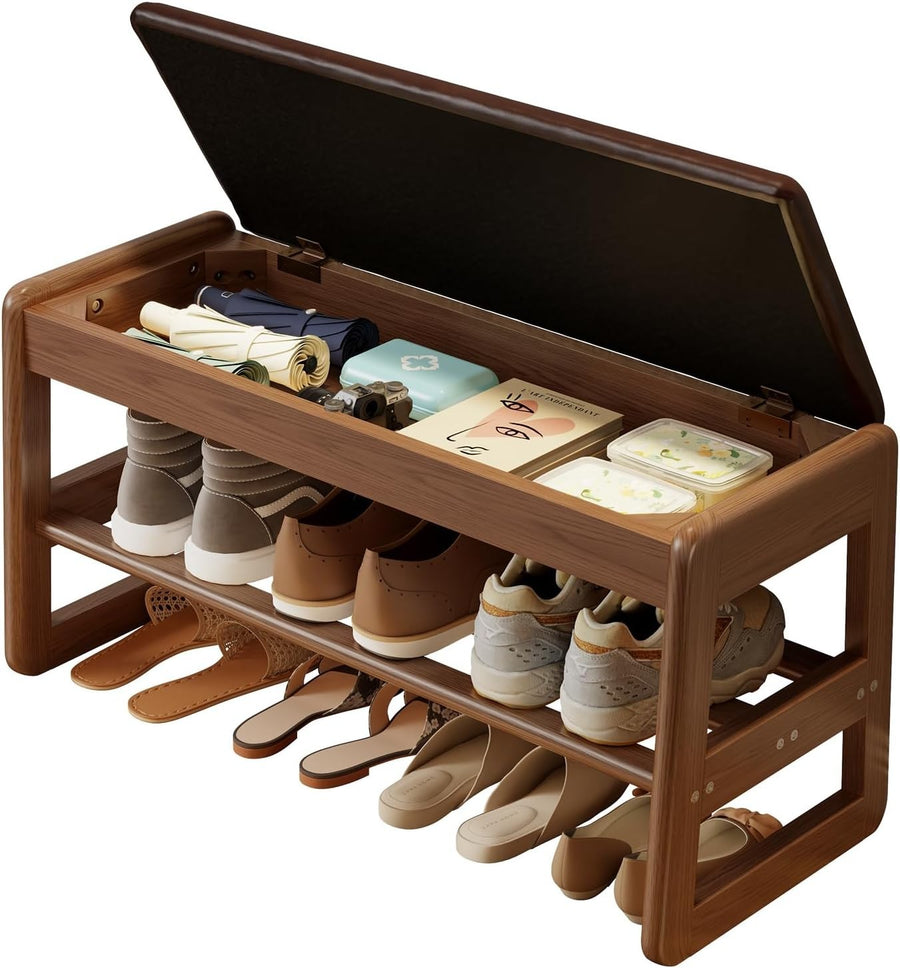 Small Flip-Top Shoe Bench with Cushion | 2-Tier Walnut Shoe Rack for Entryway