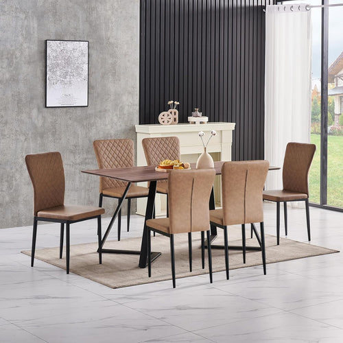 Modern Dining Table Set 6 with 6 Brown PU Leather Chairs Oak Kitchen Table