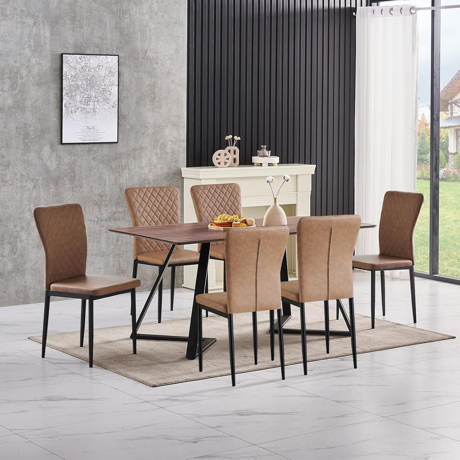 Modern Dining Table Set 6 with 6 Brown PU Leather Chairs Oak Kitchen Table