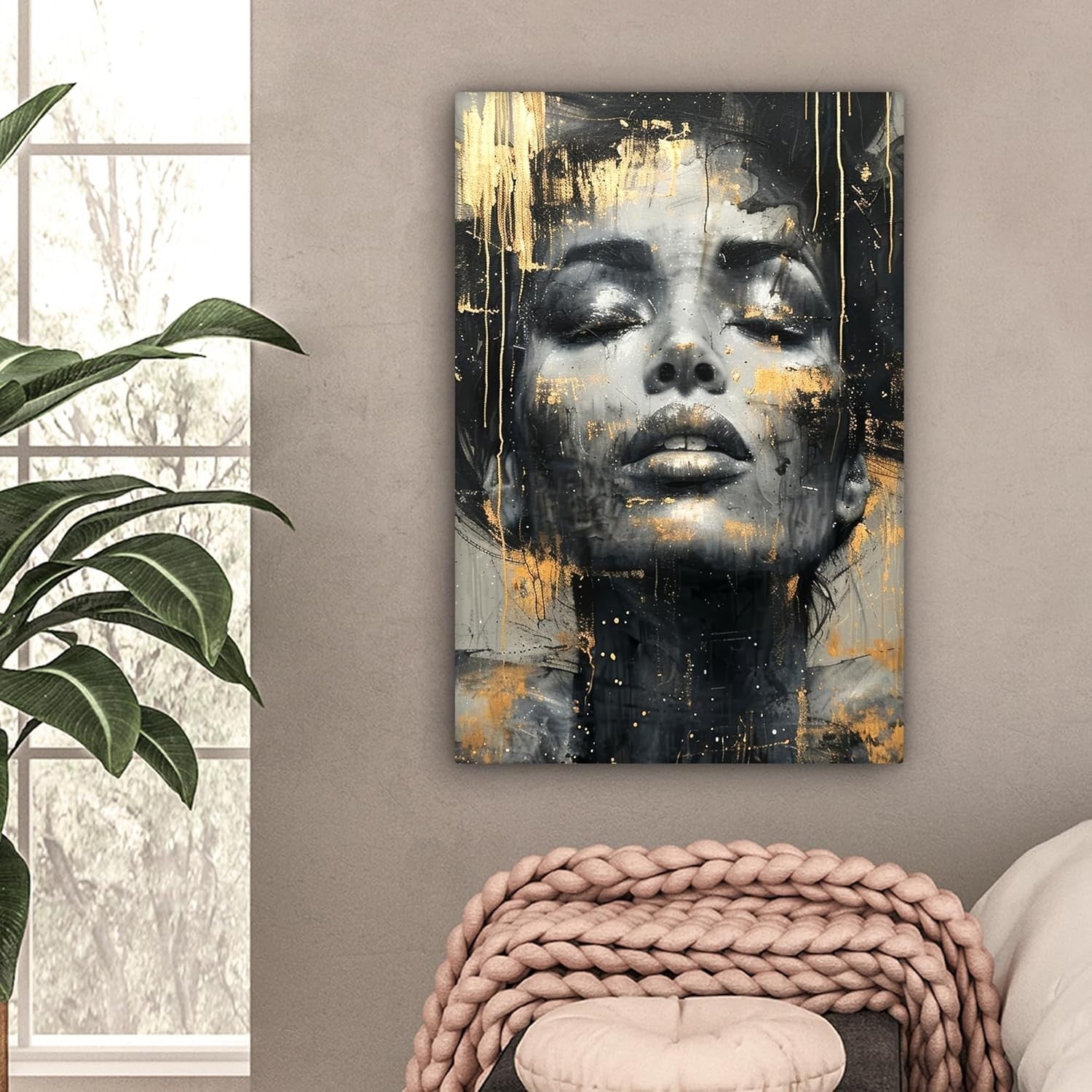Large Abstract Woman Canvas Wall Art Gold Black 60x90cm Framed