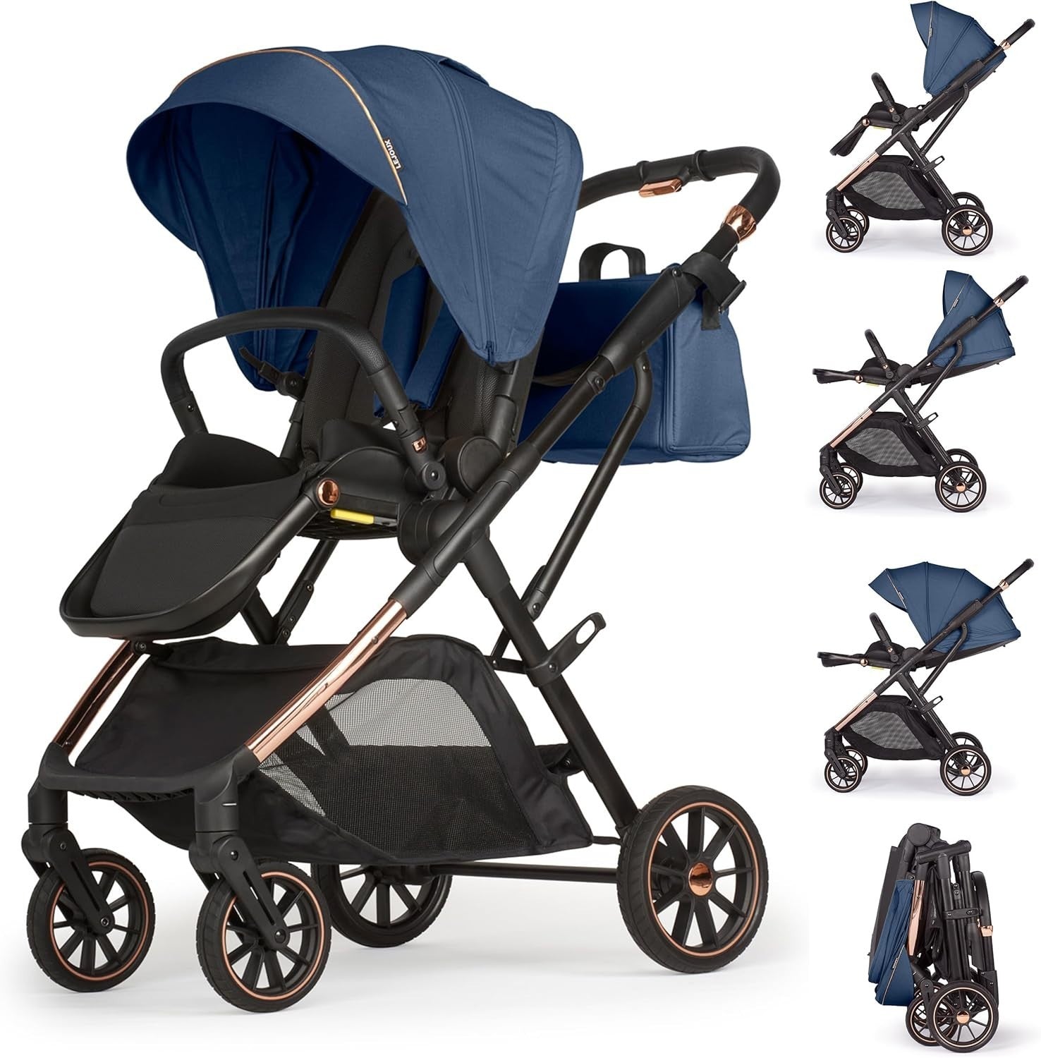 Baby Pushchair Reclining Seat Smooth Suspension Compact Stroller Blue
