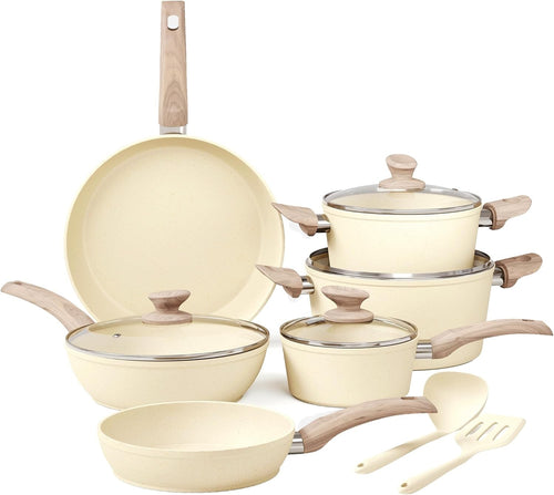 12pcs Beige Granite Non Stick Cookware Set – Pots & Pans with Lids and Utensils