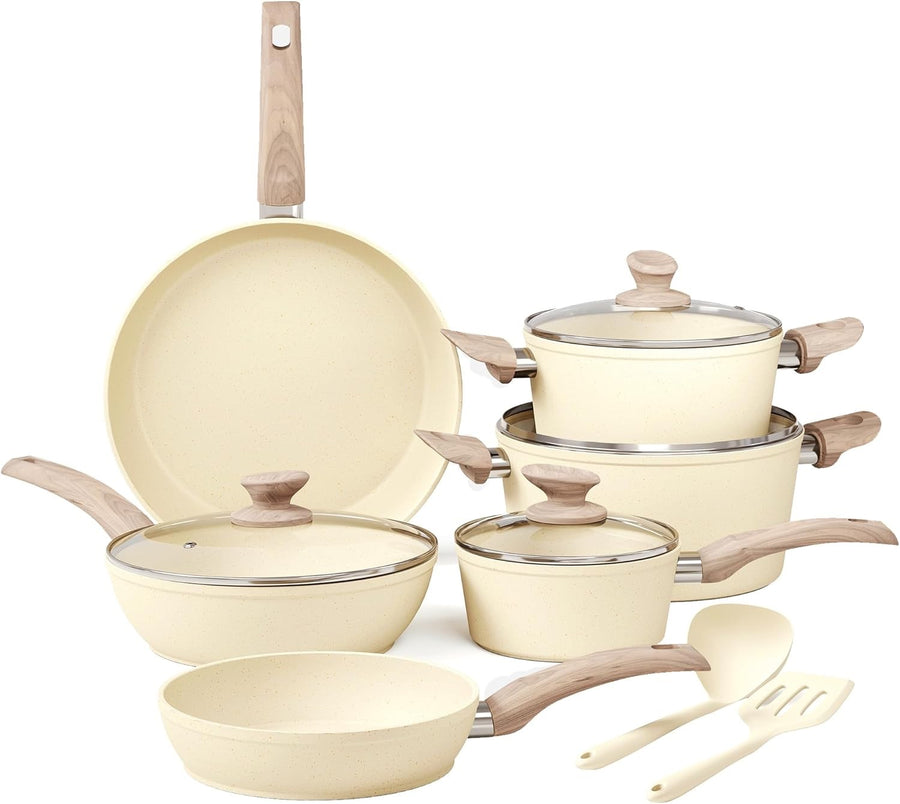 12pcs Beige Granite Non Stick Cookware Set – Pots & Pans with Lids and Utensils