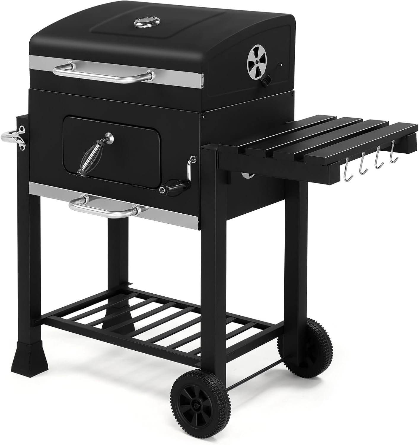 Portable Charcoal BBQ Grill with Folding Side Table, Height Adjustable Tray