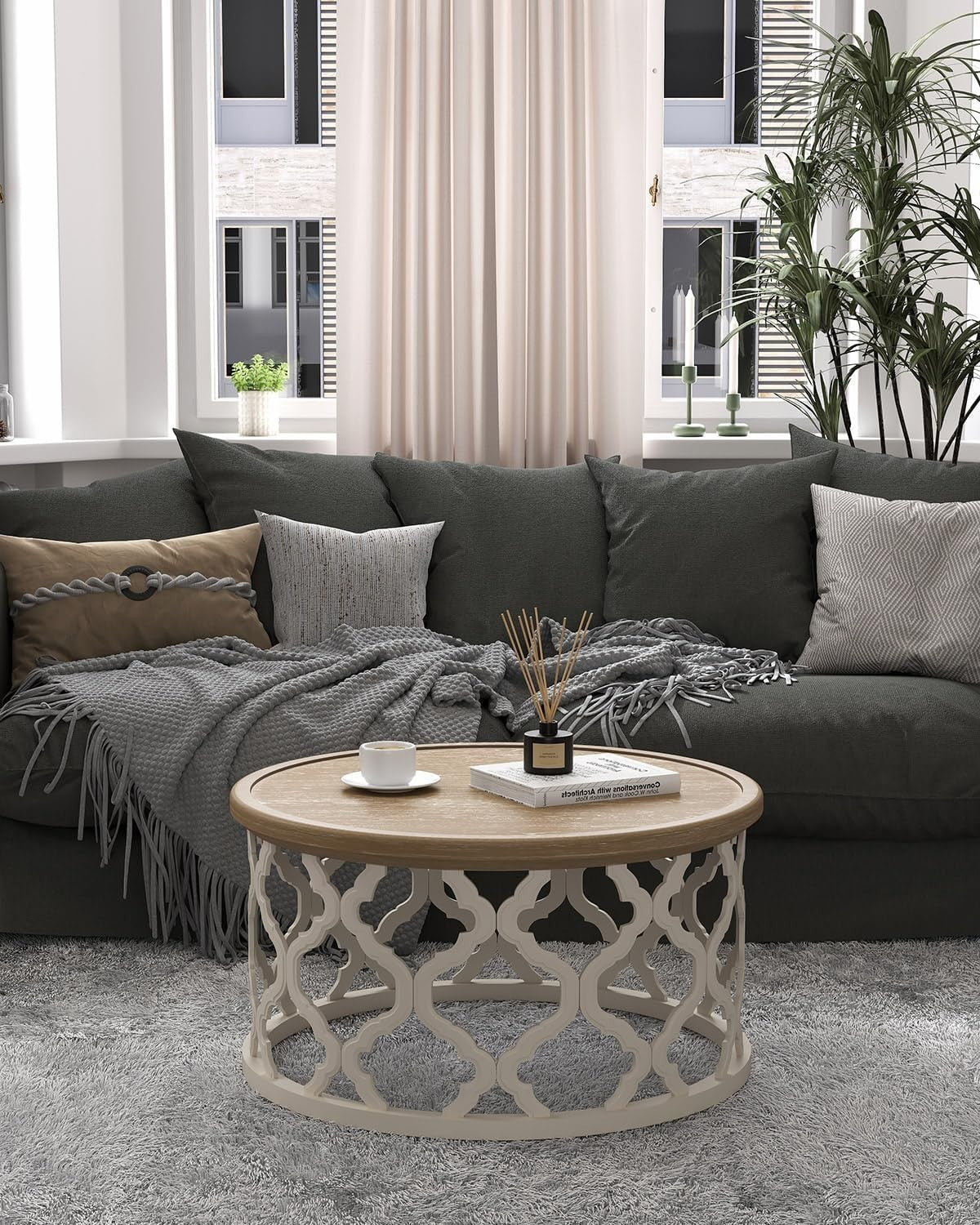 Round Farmhouse Coffee Table with Storage Shelf 76x76x41cm Rustic Charm