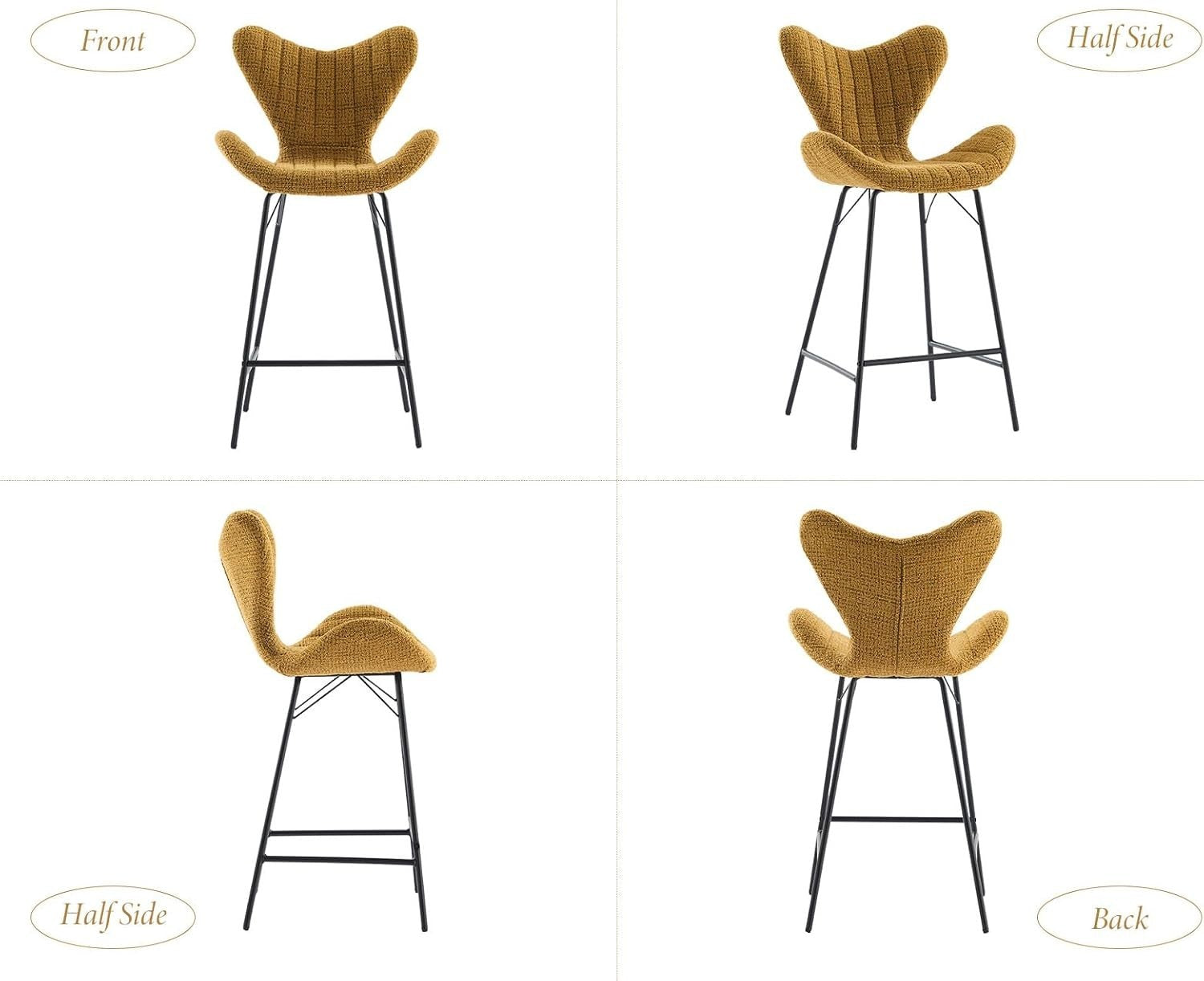 Yellow Chenille Wingback Bar Stools Set of 2 – Metal Legs