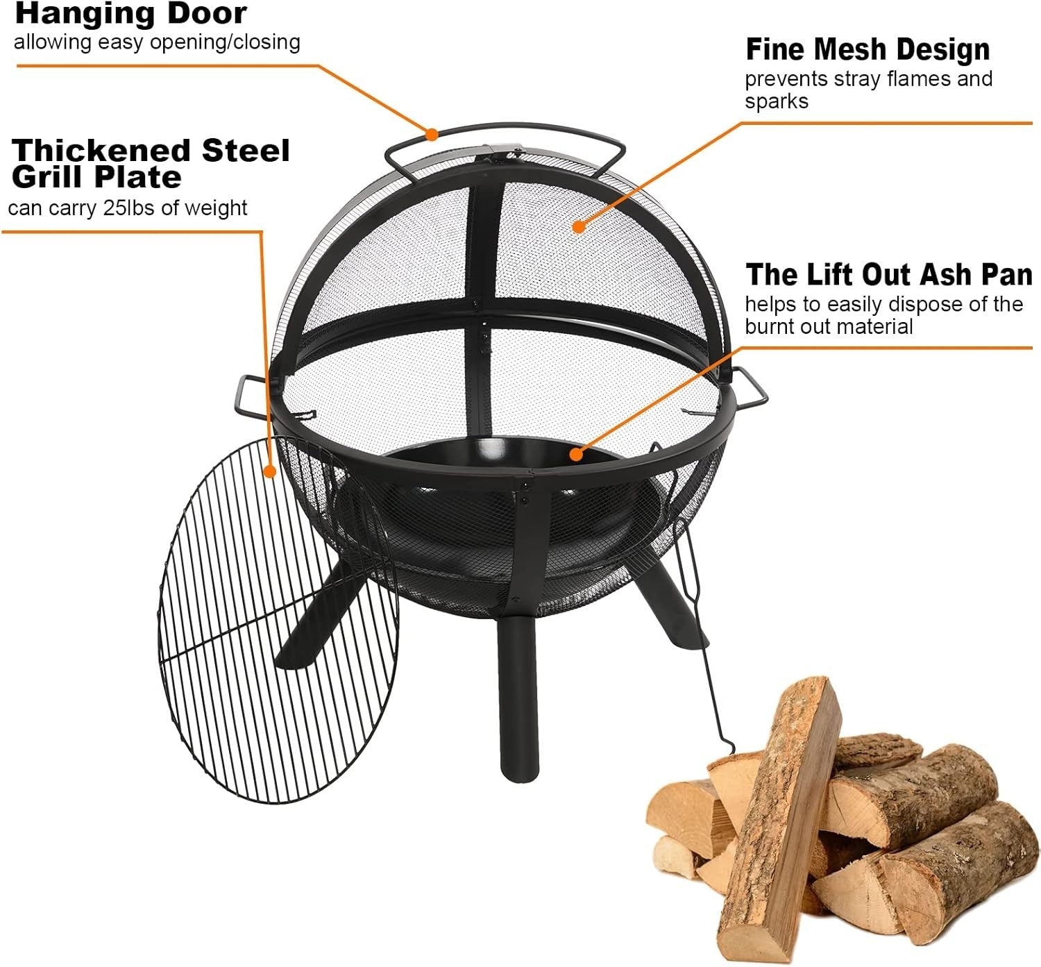 Outdoor Fire Pit BBQ Grill Globe Ball Fire Bowl with Mesh Cover | Large 86cm