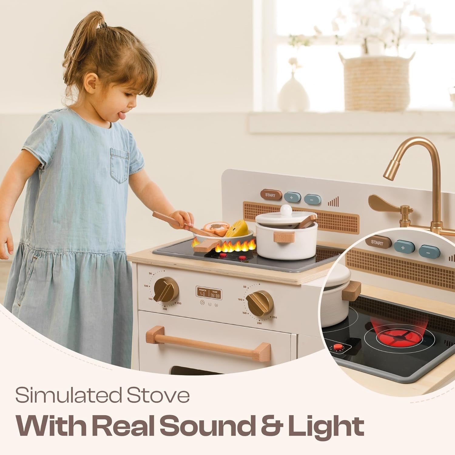 Wooden Kids Play Kitchen w/ Lights Sounds Ice Dispenser White