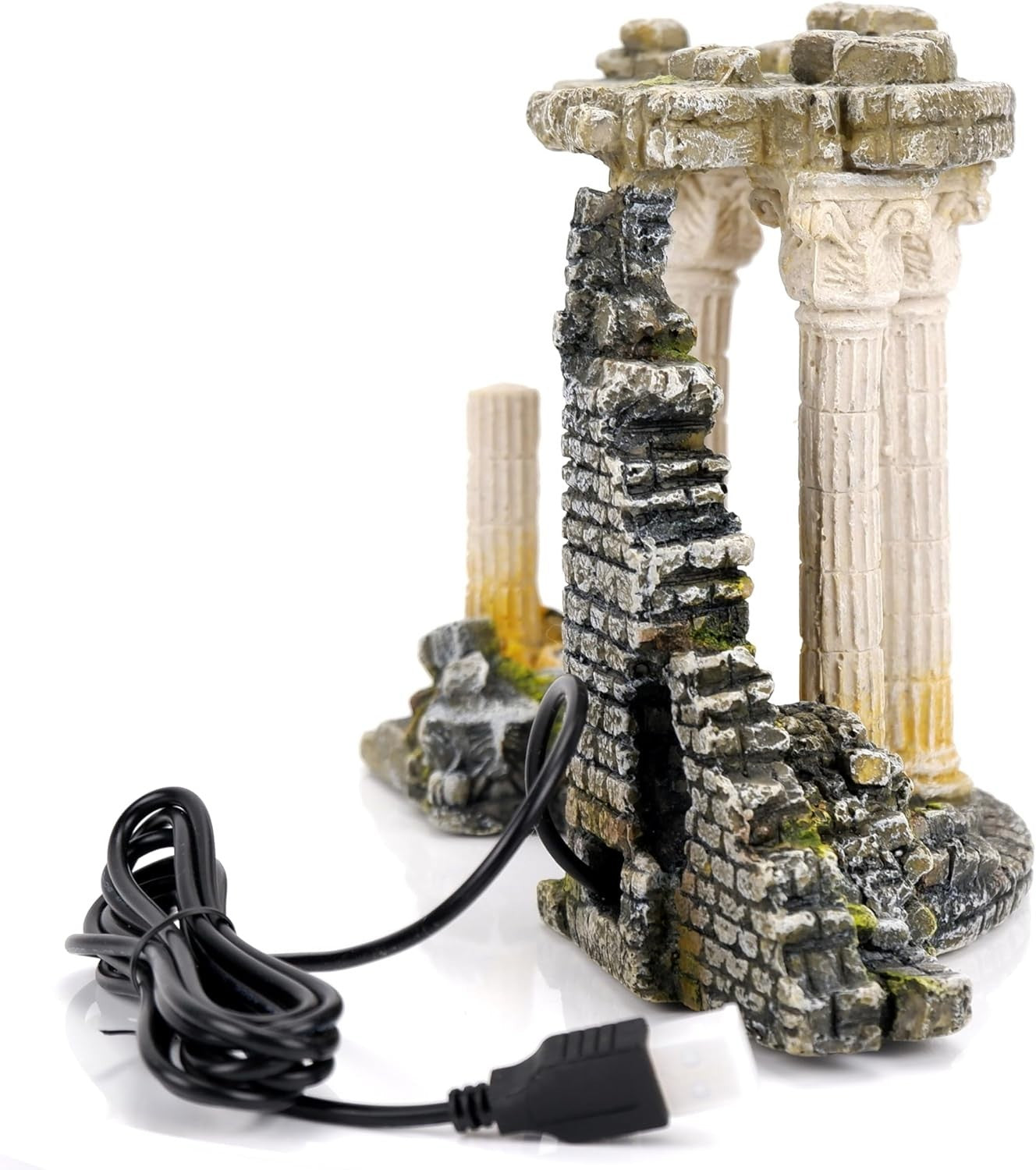Roman Ruins Aquarium Ornament with LED Lights • USB Powered Fish Tank Decor