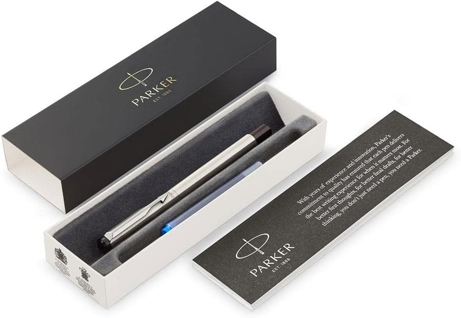 Medium Fountain Pen Stainless Steel Chrome Trim Blue Ink Gift Box