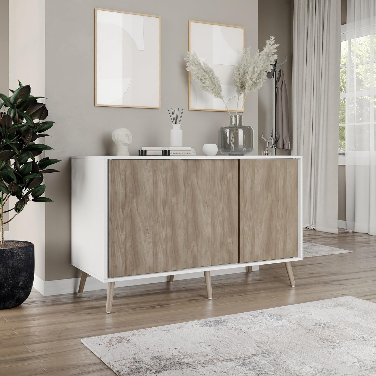 Oak Sideboard Storage Cabinet White Frame Sliding Doors Beech Legs 120cm