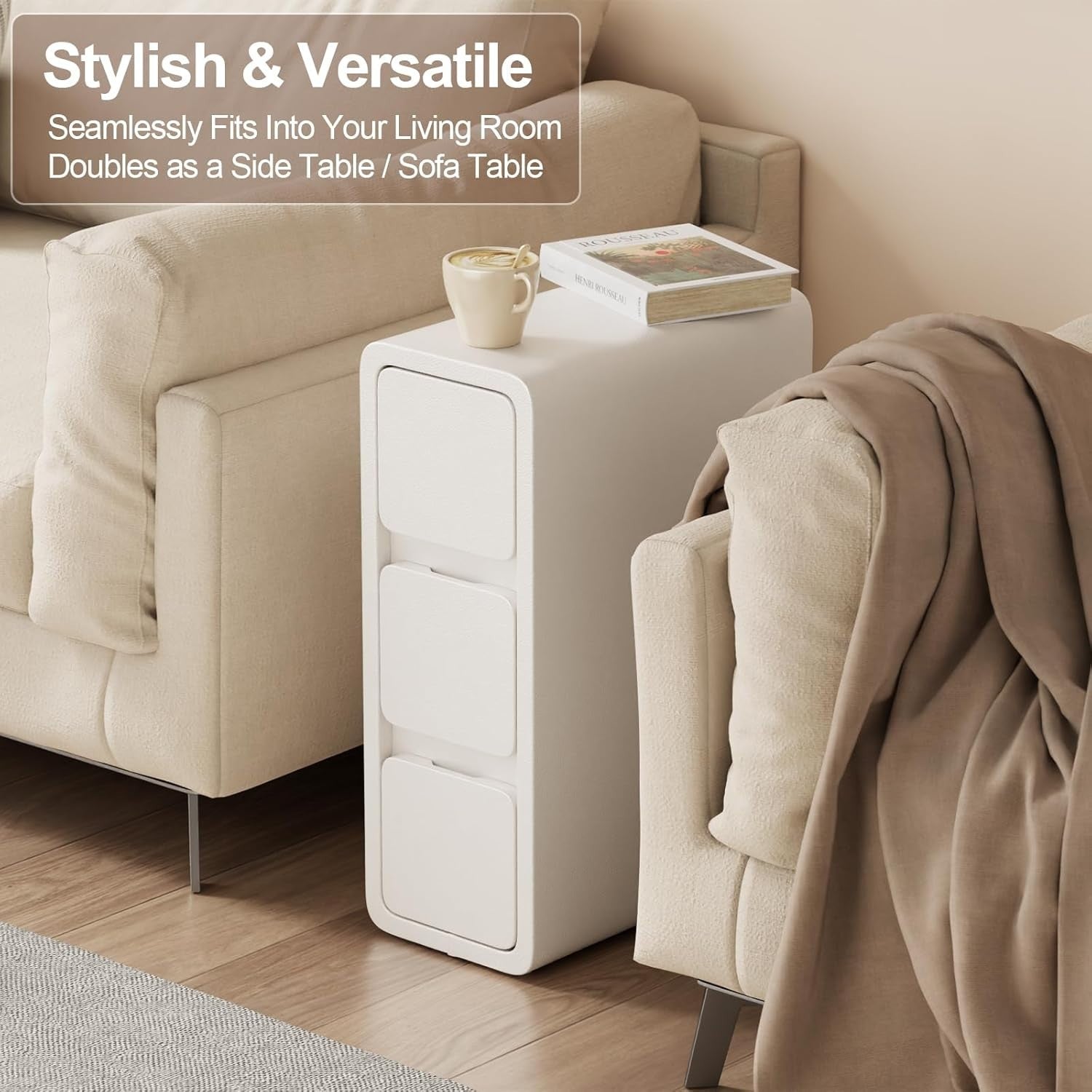 Modern Slim White Nightstand with 3 Drawers, Narrow Leather