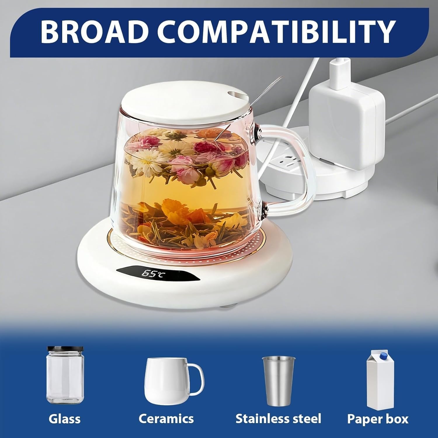 White USB Coffee Mug Warmer 3 Temp LED Desk Cup Heater