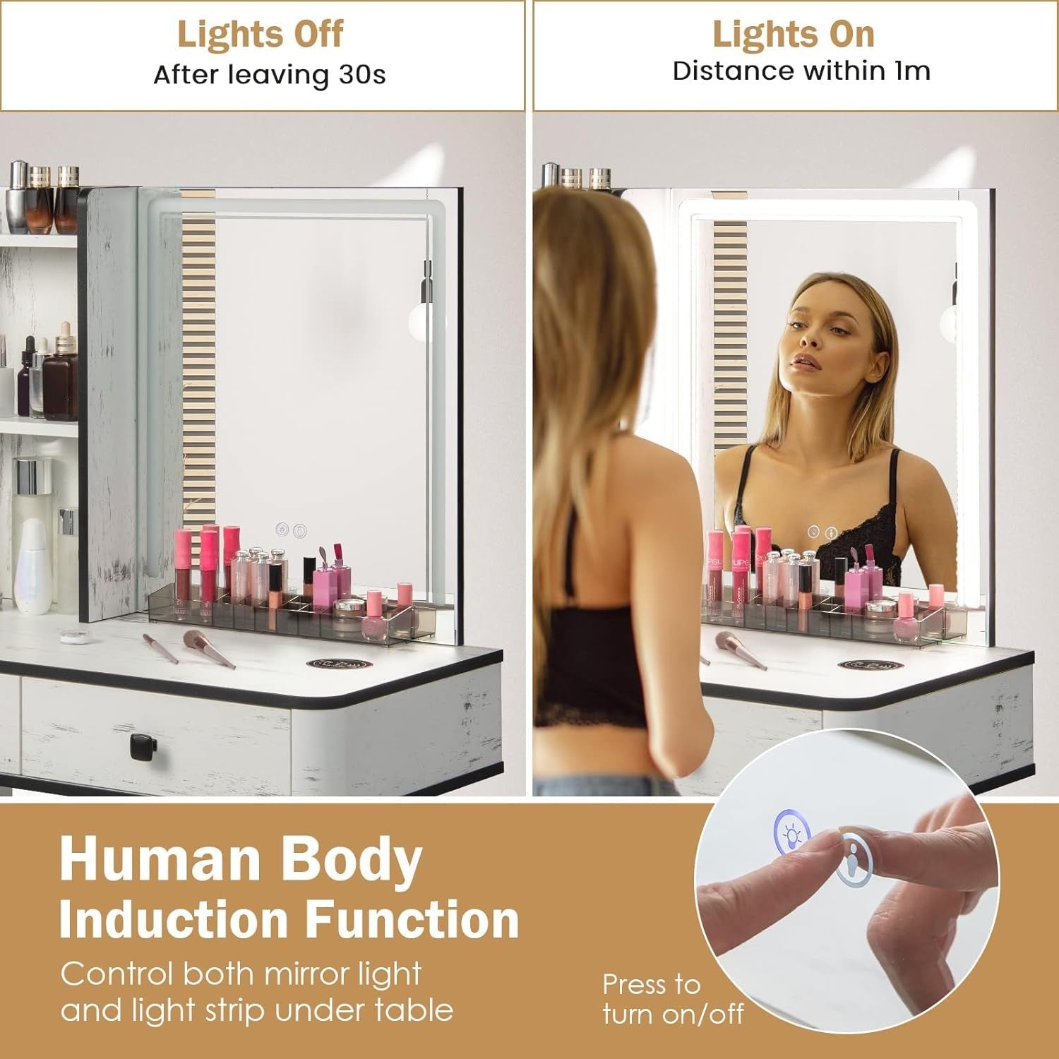 Vanity Makeup Dressing Table Set w/ LED Light Mirror Stool Charging Station