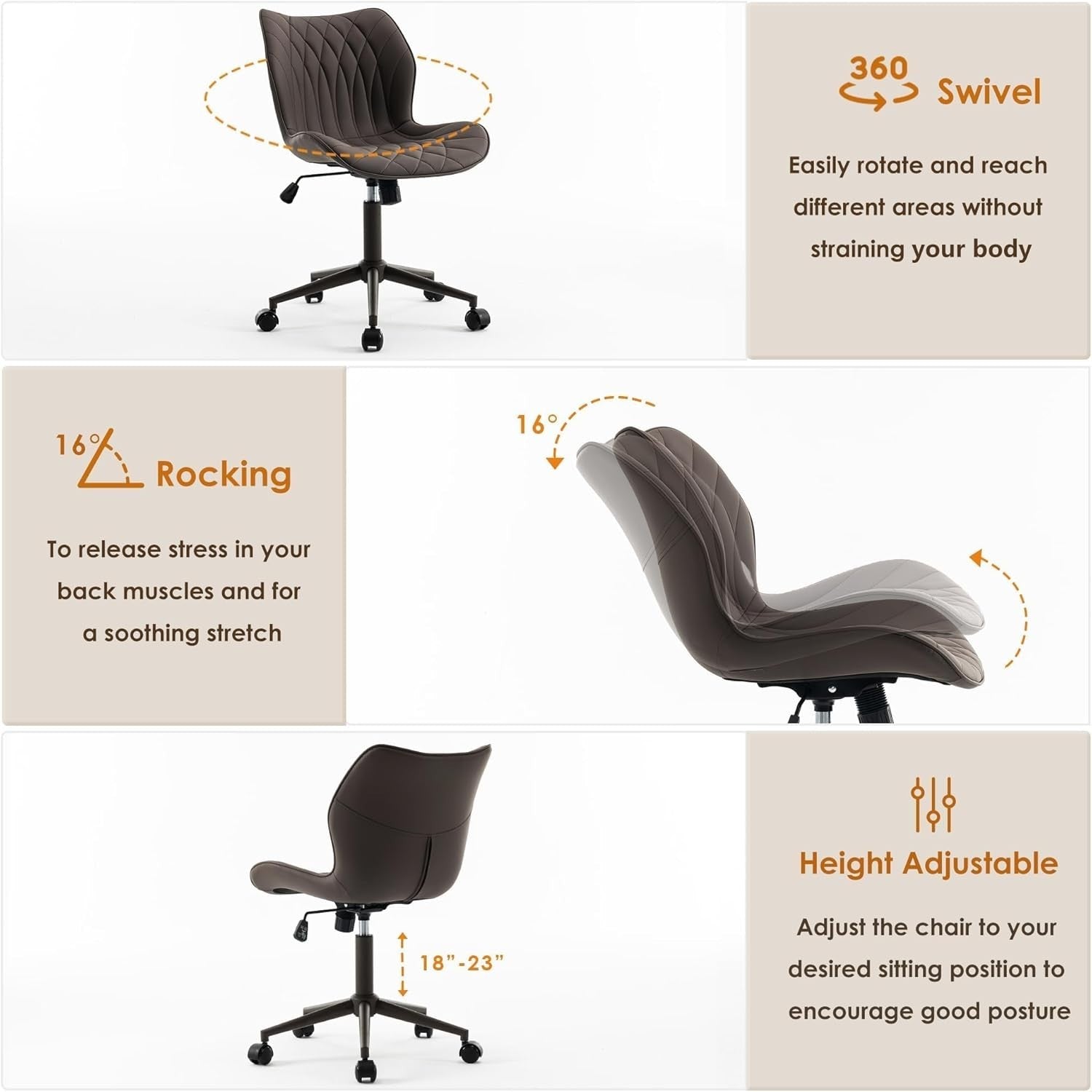 Ergonomic Armless Home Office Desk Chair Swivel Faux Leather Padded Task Study S