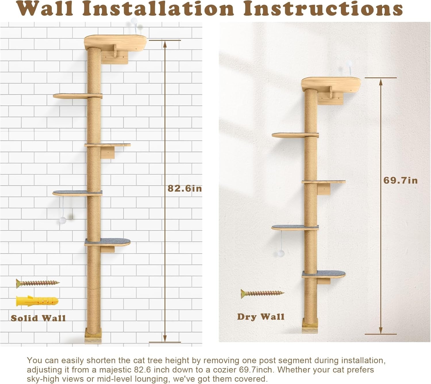 Wall Mounted Cat Tree 210cm 5 Tier Scratching Post Tall Cat Climbing Tower