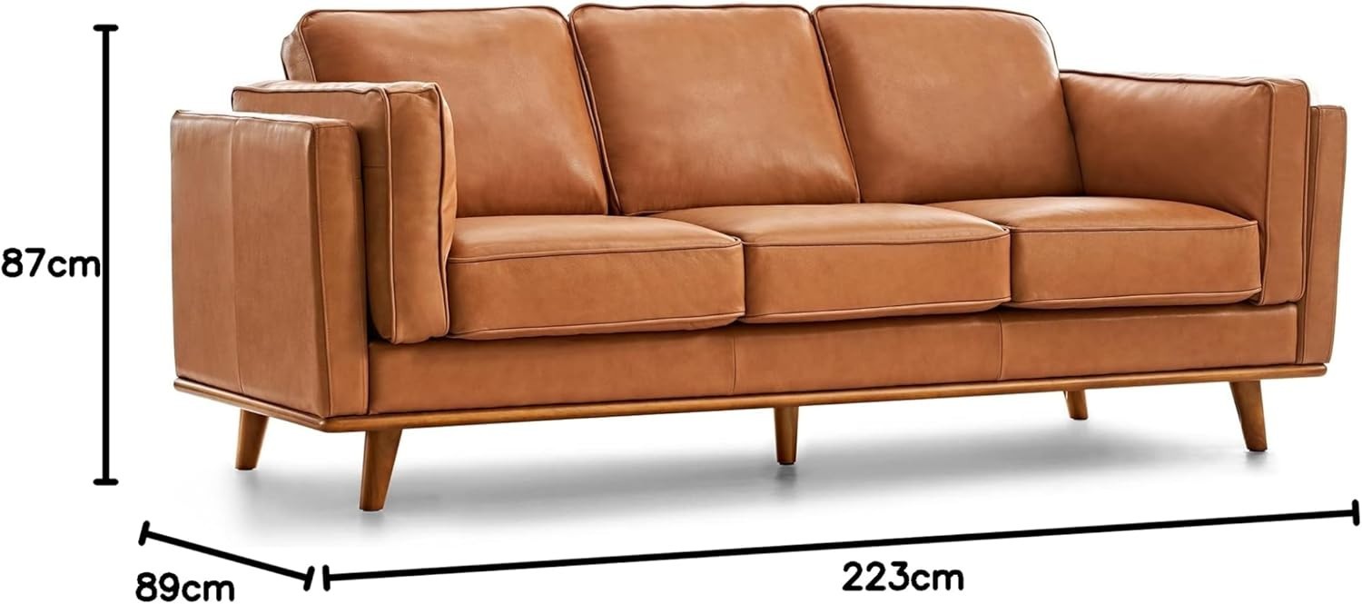 Italian Leather Sofa 3 Seater | Cognac Tan | Solid Wood | Mid Century