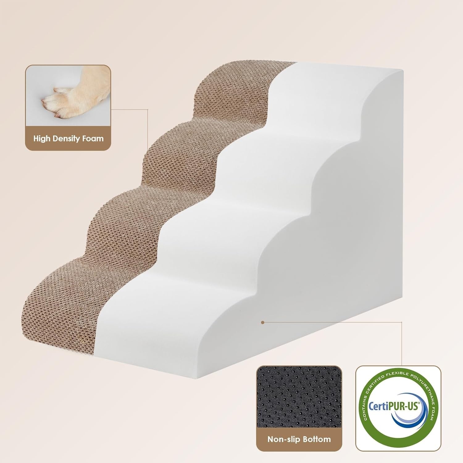 4 Step Dog Stairs for High Bed Non Slip Foam Pet Steps Washable Camel