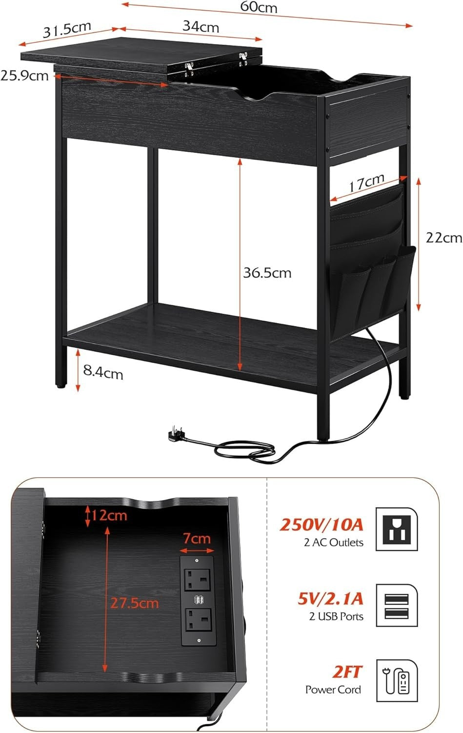 Black Narrow Side Table with USB Ports, Charging Shelf & Storage Bags