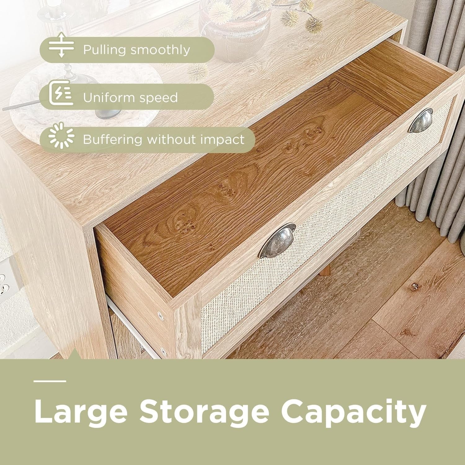 3 Drawer Rattan Chest Rustic Oak Storage Cabinet Boho Bedroom Unit