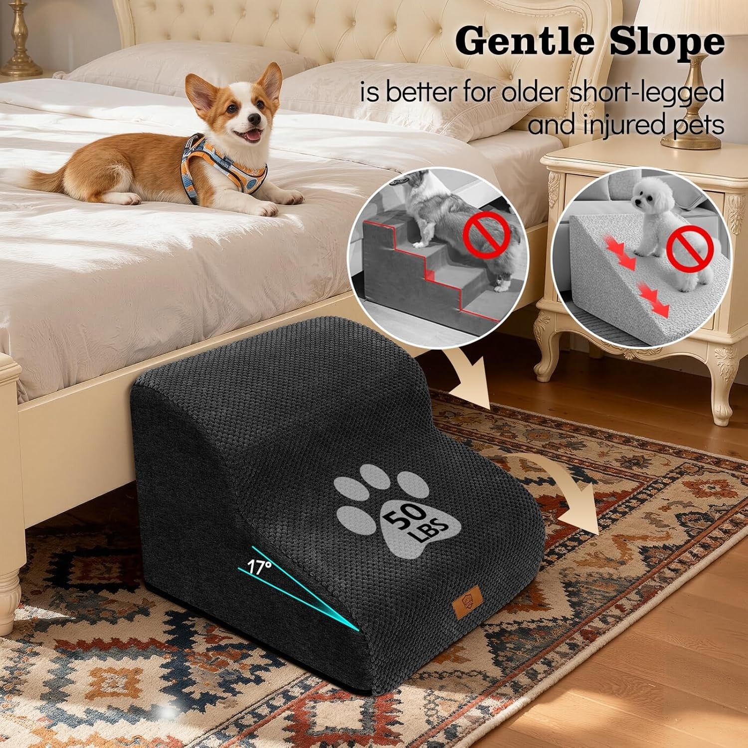2 Step Dog Stairs for Bed Sofa Non Slip Washable Black 40x40x30cm