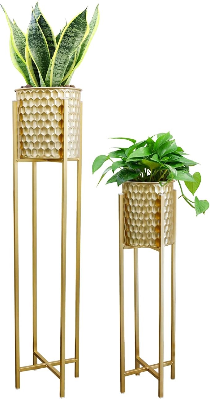 Set of 2 Tall Gold Metal Planters with Stand Indoor Outdoor Modern Plant Pots