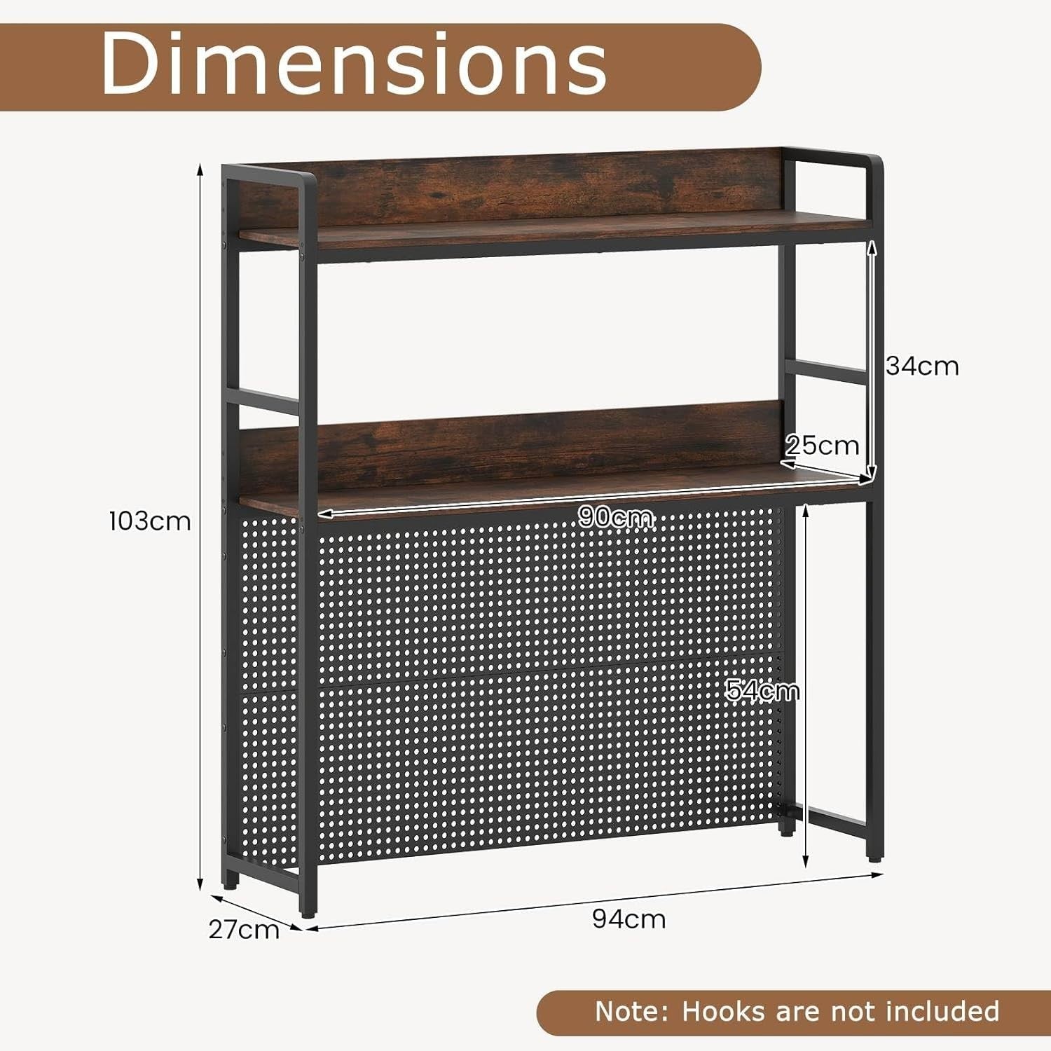 94cm Industrial Desk Hutch – 2-Tier Desktop Bookshelf w/ Pegboard & Metal Frame