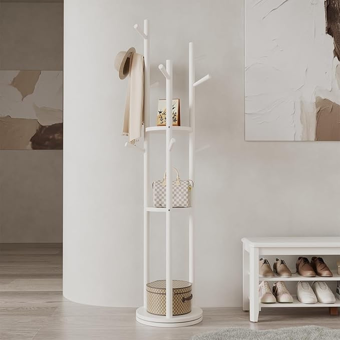 White Wooden Coat Rack Stand with 3 Shelves | 360° Rotating Hall Tree 9 Hooks