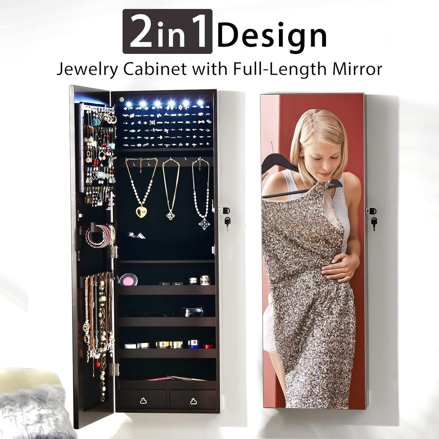 Brown LED Jewelry Armoire Wall Door Mounted Lockable Full Length Mirror