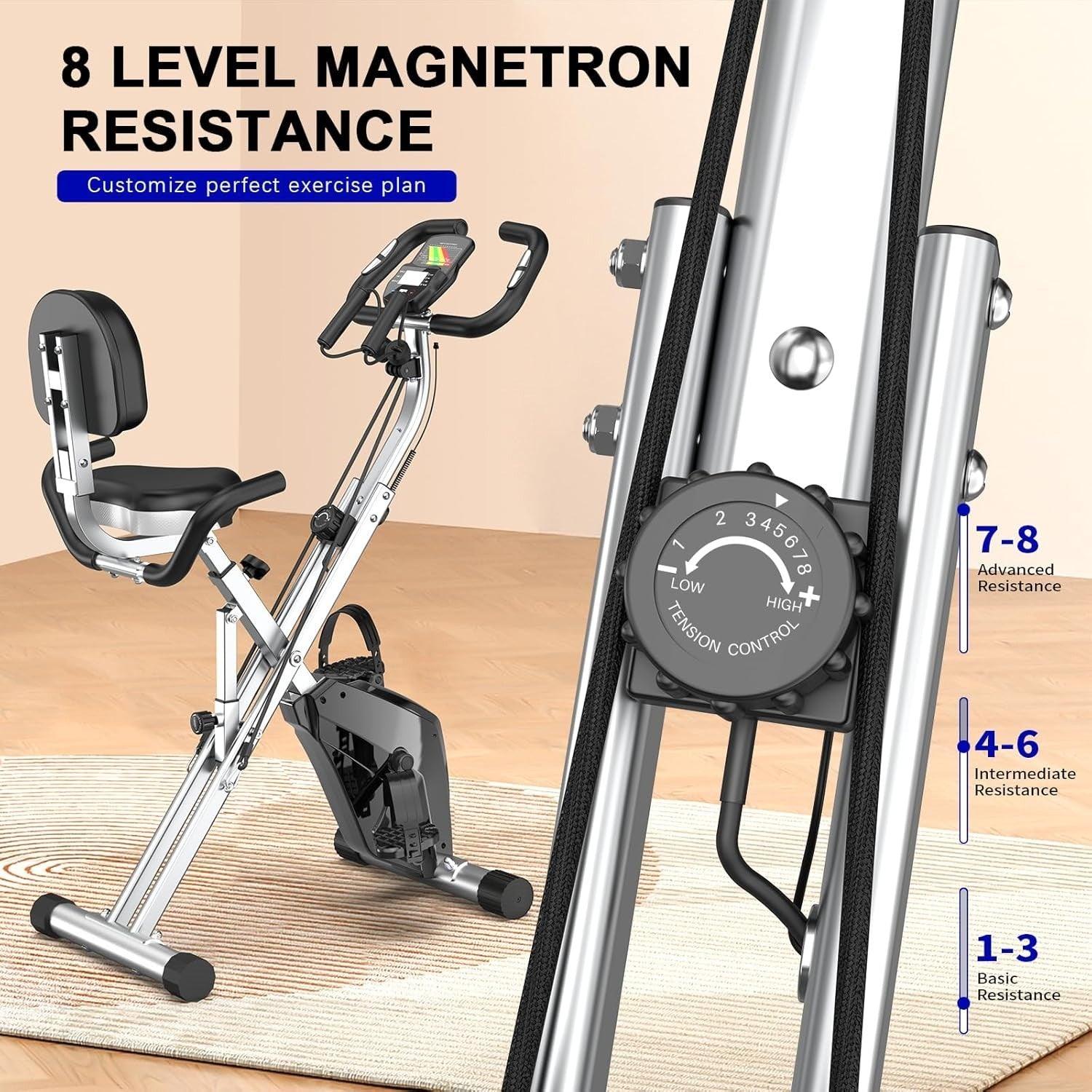 Foldable Magnetic Exercise Bike w/ LCD, 8 Levels, Heart Rate Sensors & Bands